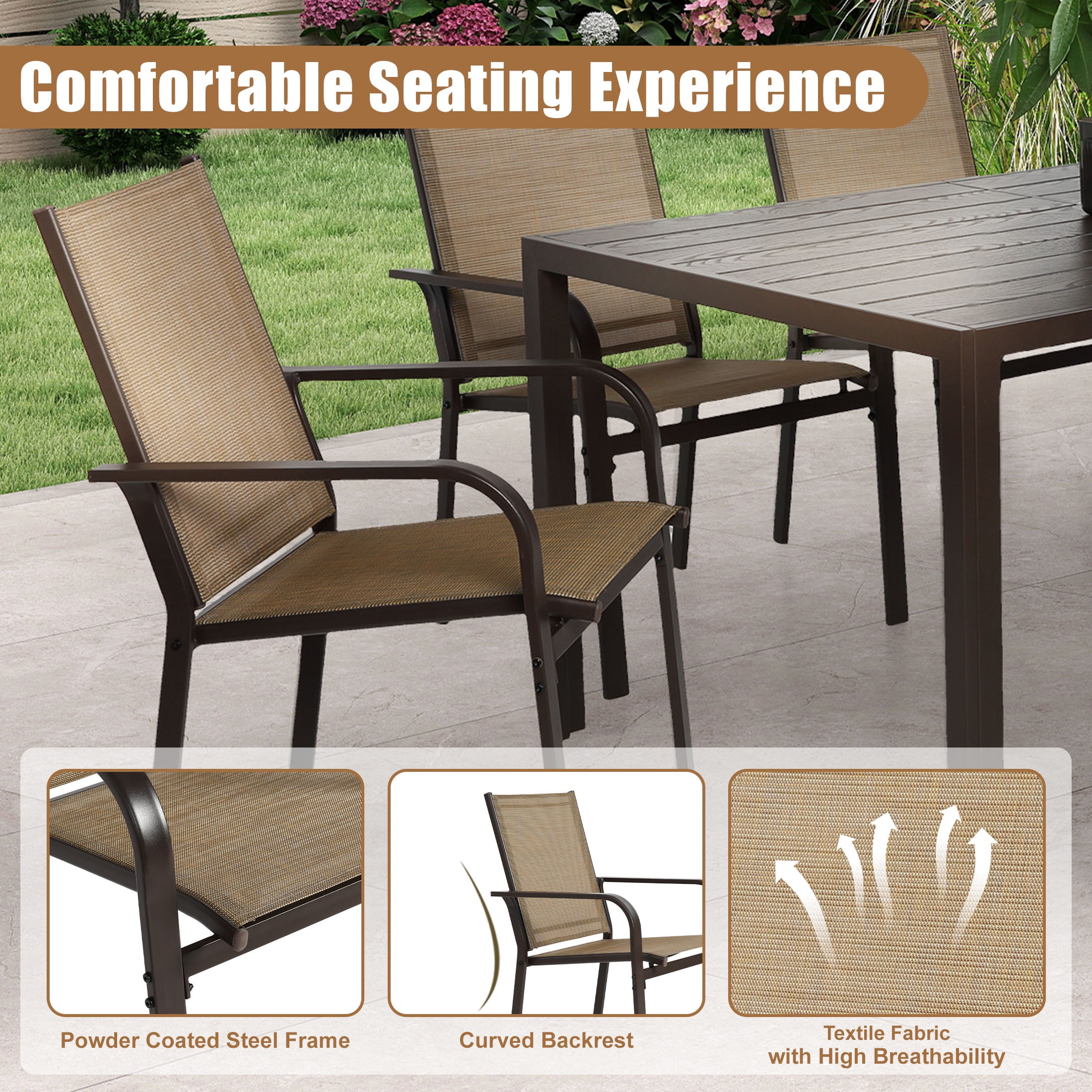 7 Piece Outdoor Dining Set, Patio Dining Table Set for 6 Persons, Garden Patio Textilene Dining Furniture Set with Plastic-Wood Tabletop, Dining Table Chairs Conversation Set for Deck Patio