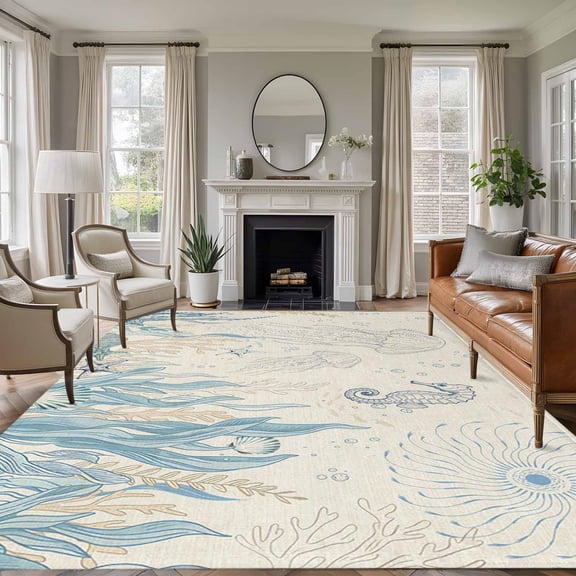 8x10 Area Rugs for Living Room, Blue Seahorse Coastal Non Slip Area Rugs for Kitchen Bedroom Entryway, Summer Beach Washable Carpet Runner Rug Floor Mats for Bedroom Nautical Ocean Coral Vintage