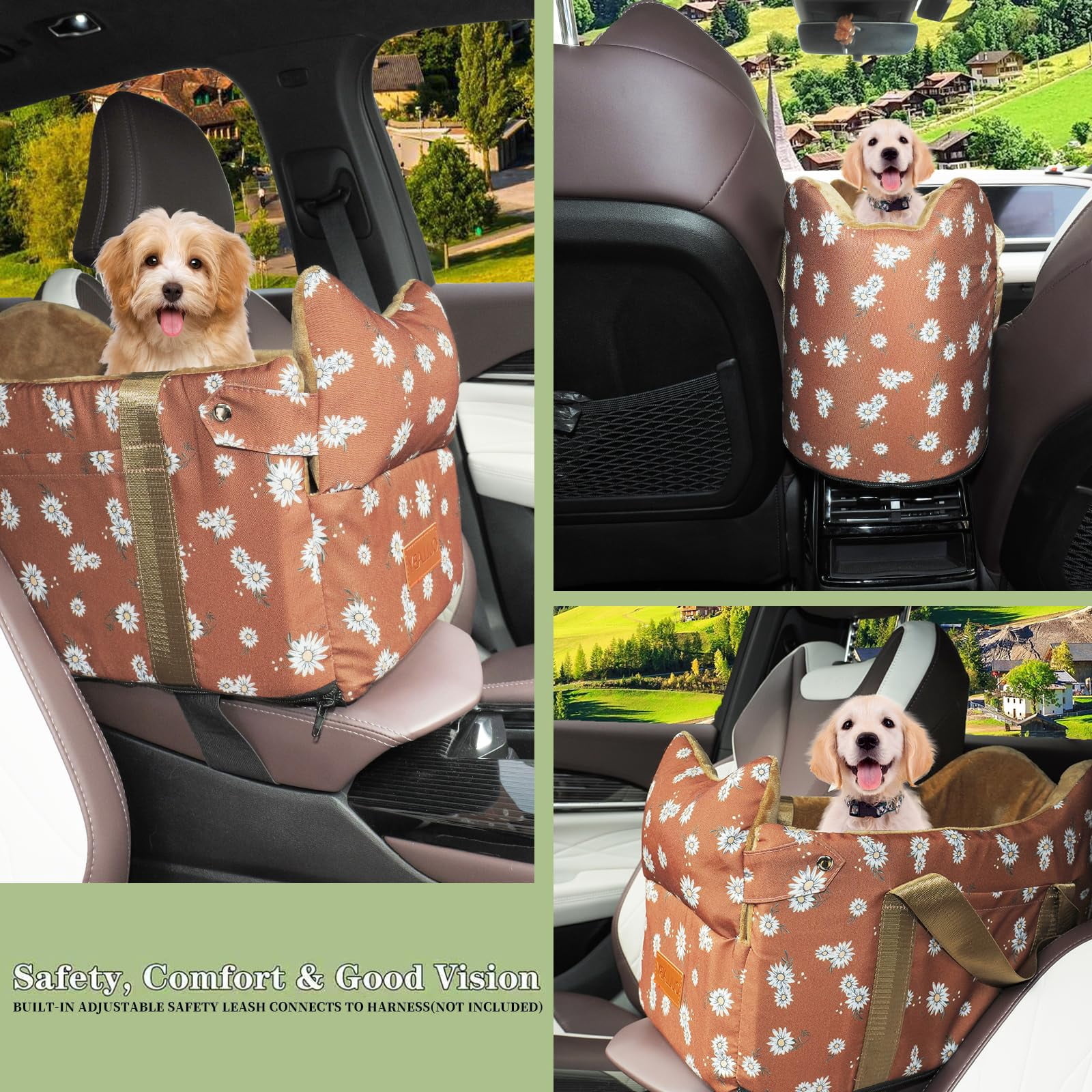 Dog Center Console Car Seat - Small Booster  Portable Armrest Travel With Anti-collapse Design Washable Fluffy Cushion & Pillow Up To 15 Lbs (coffee Color)
