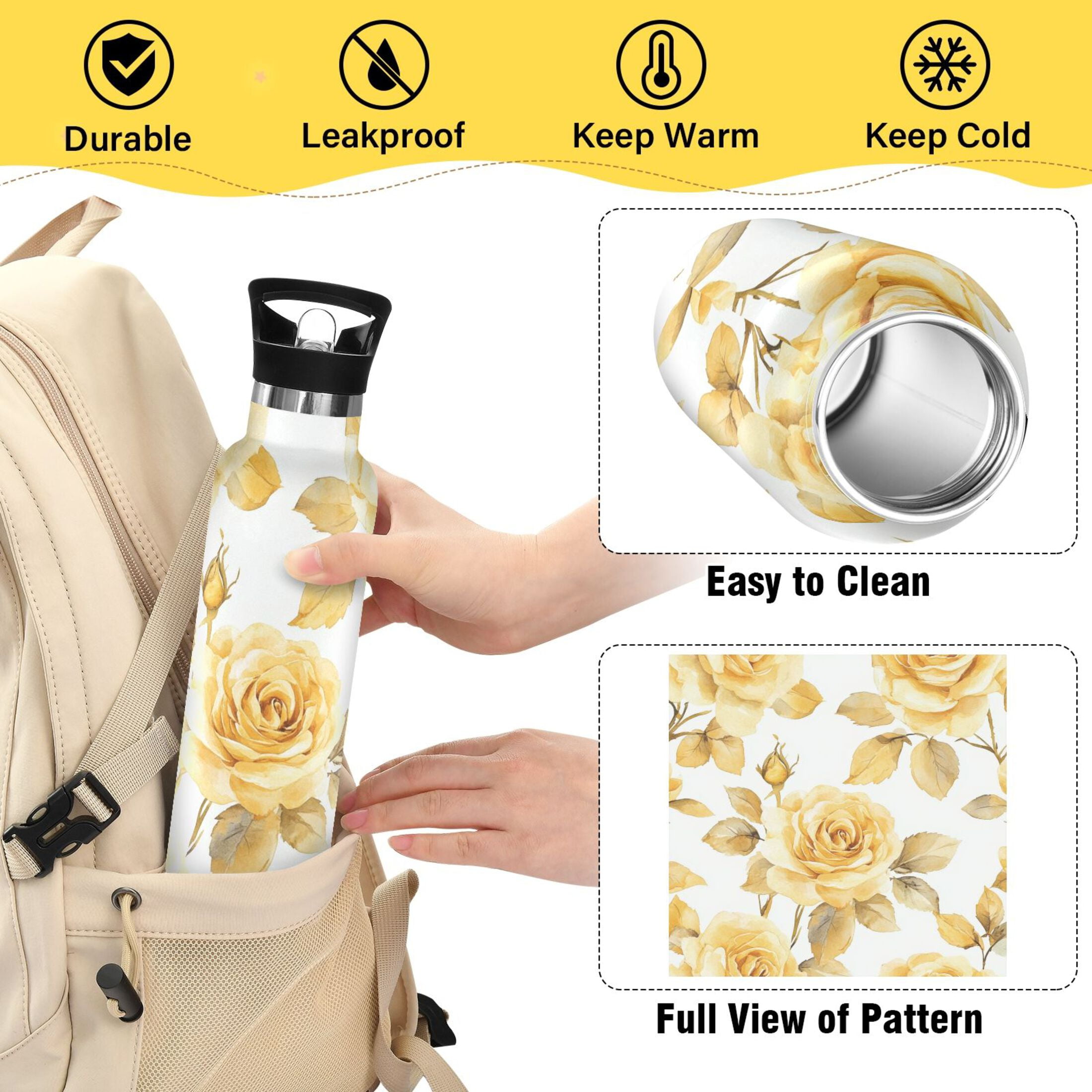 600ML Stainless Steel Insulated Cup Sports Water Bottle Portable Thermos Cup Water Glasses Insulated Tumblers Convenient and Durable Cartoon Yellow Roses