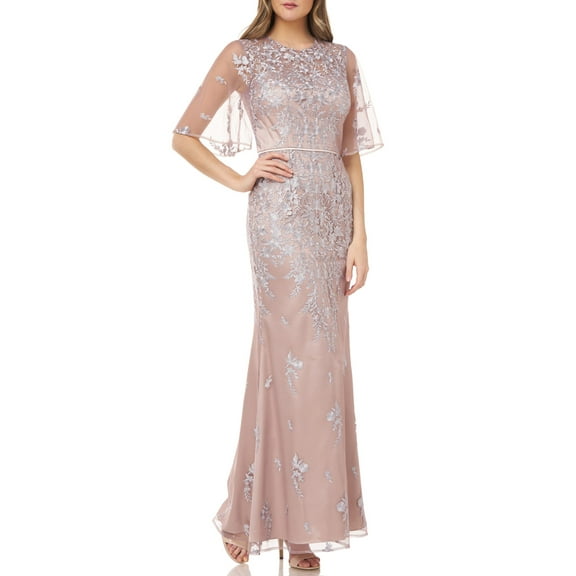 JS COLLECTION Womens Beige Embroidered Sheer Gown Short Sleeve Jewel Neck Maxi Evening Dress 14