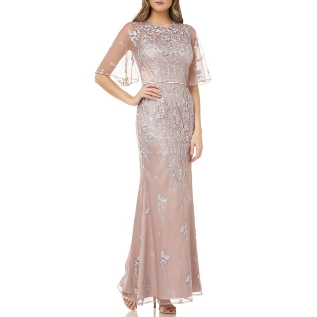 JS COLLECTIONS Womens Beige Embroidered Sheer Gown Short Sleeve Jewel Neck Maxi Evening Dress 8