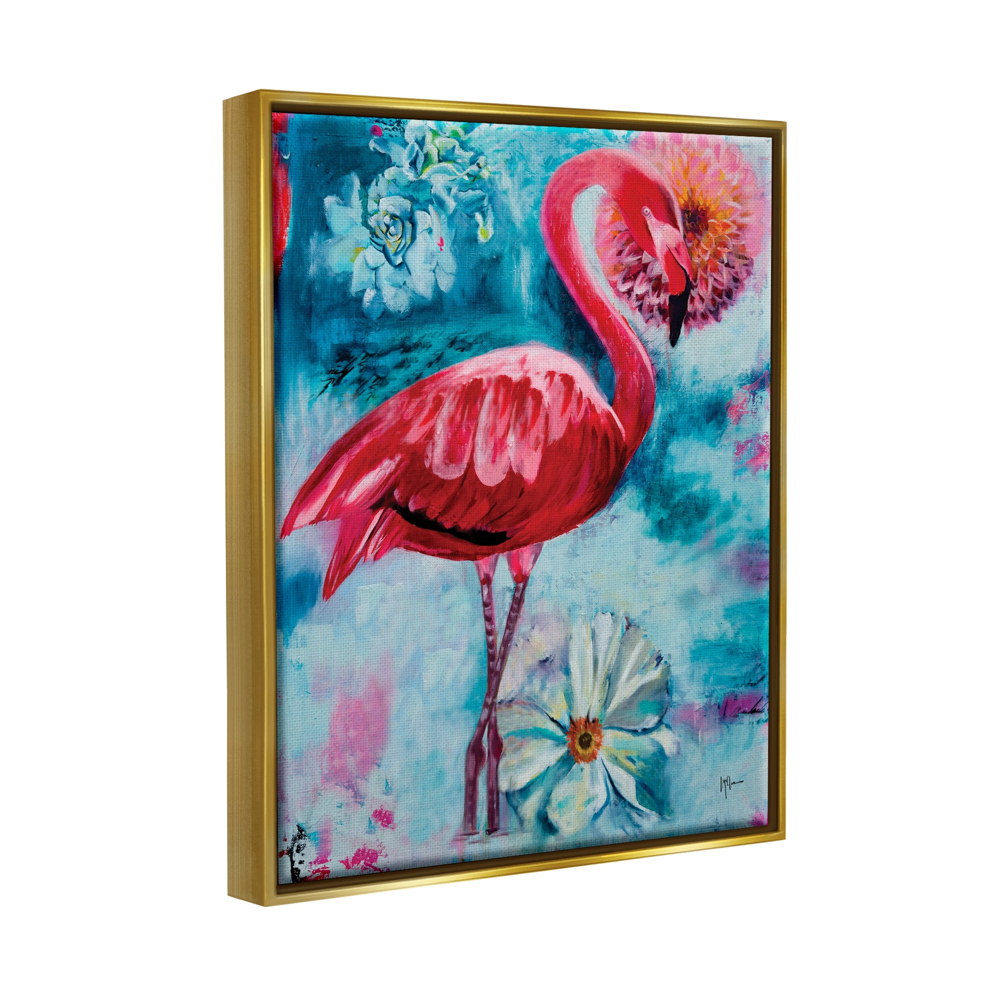 Stupell Industries Modern Flamingo & Blooms Animals & Insects Painting Gold Floater Framed Canvas Art Print Wall Art, 25 x 31