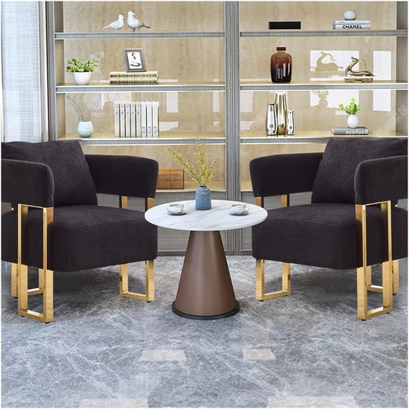Modern Accent Chair Set of 2, Black Teddy Fabric Upholstered Side Chairs with Gold Metal Legs for Living Room, Office, Reception
