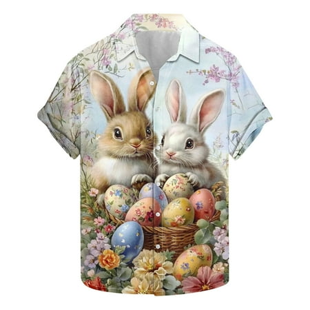 Fancifize Easter Church Dress Shirt for Men - Short Sleeve Hawaiian Spring Holiday Top Bunny Egg Print Easter Hunting Shirt S-5XL