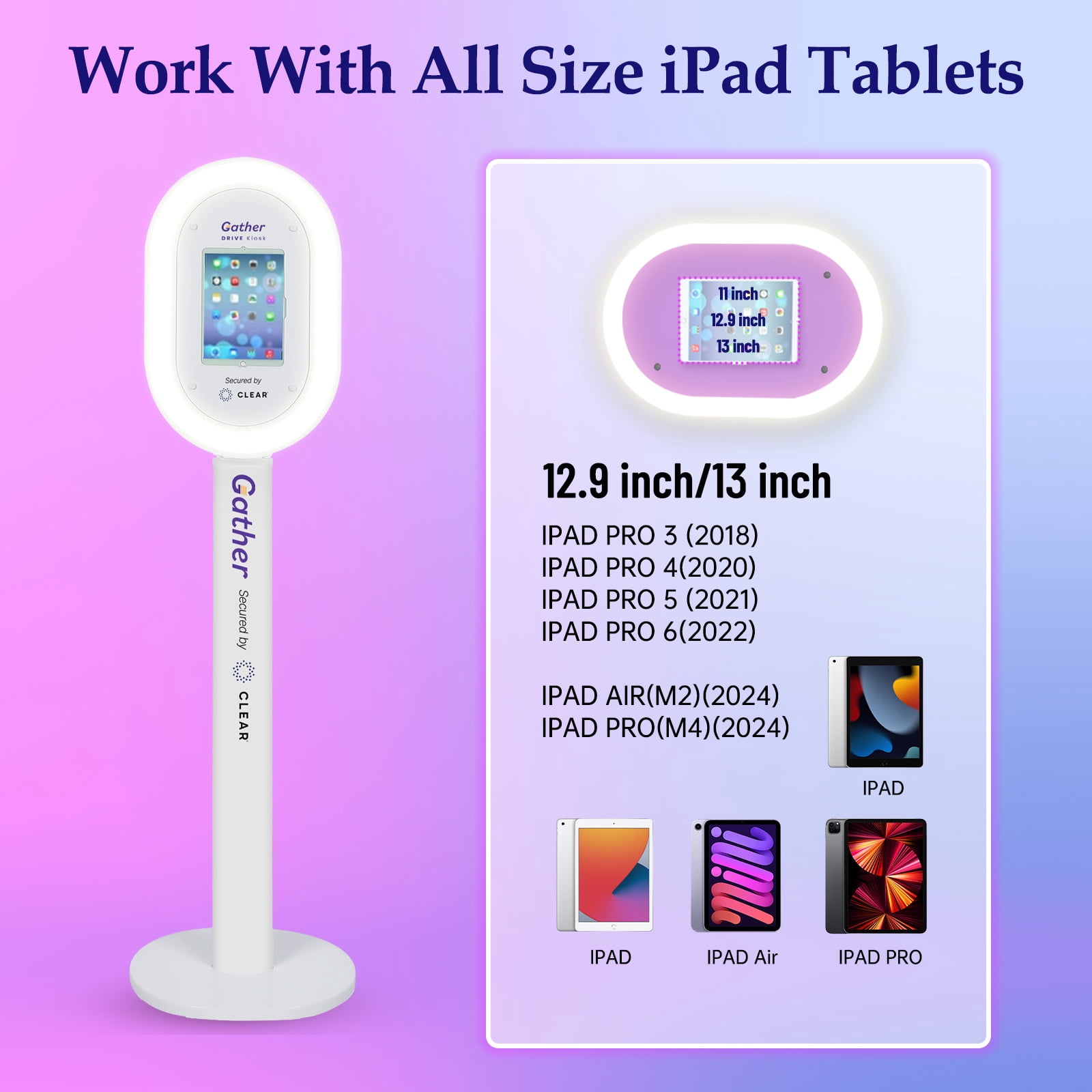 iPad Photo Booth Stand with White Ring Light, Selfie Station Kiosk for 12.9" & 13" iPads, Stable No-Wheel Floor Stand for Weddings, Parties, Corporate Events, Tablet Not Included