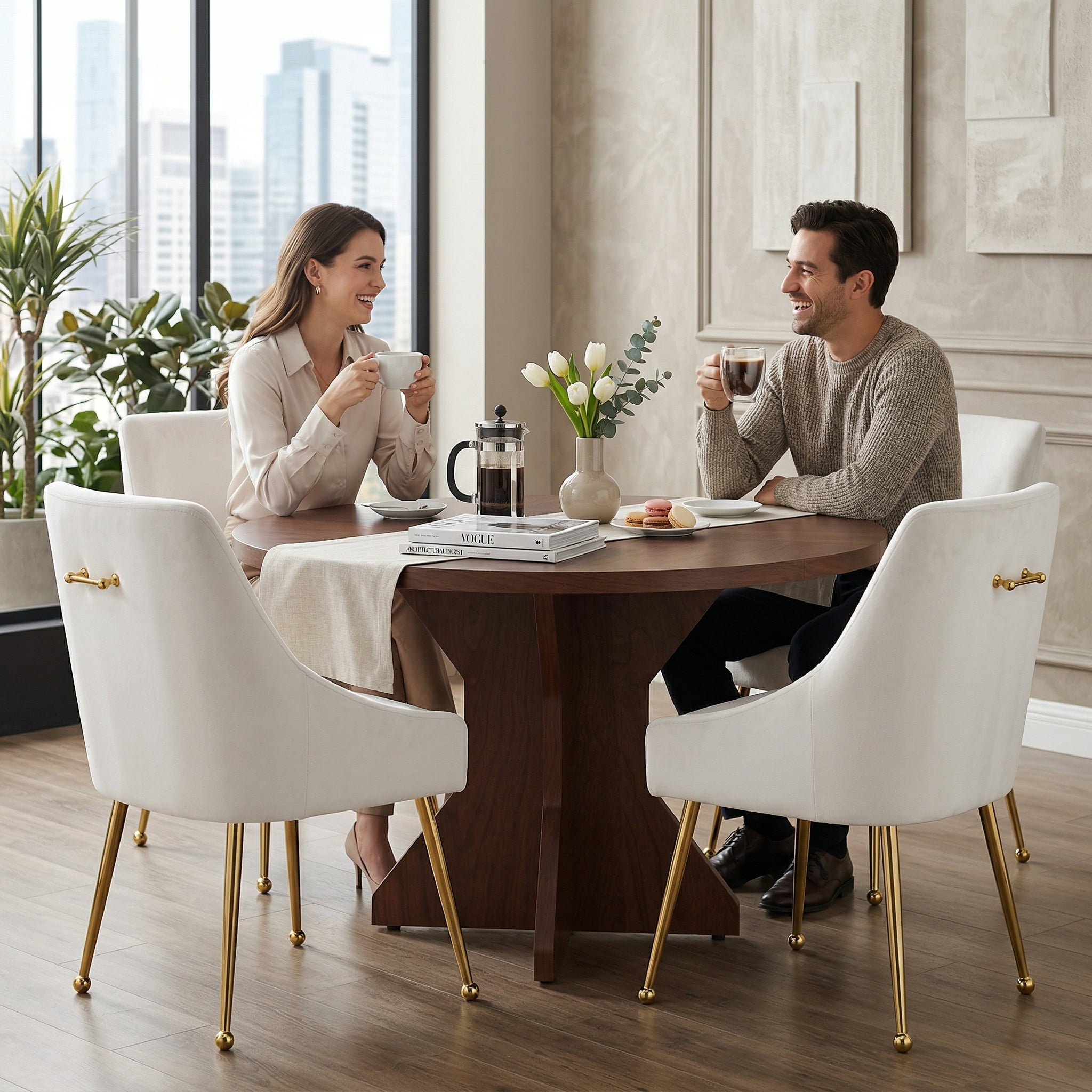 Restworld Solo Classic Modern Tween Love Velvet Sponge Solid Print Dining Arm Chairs, White (Set of 2)