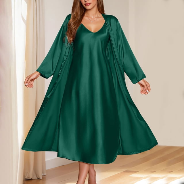 Chemise de Nuit pour Femme avec Robe de Nuit Ensemble de Pyjama en Satin 2 Pcs Robe Nuisette Ensembles de Peignoir Tenue de Nuit Tenue d'Intérieur Vert G