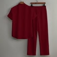 thumbnail image 3 of JUUYY Men's 2 Piece Set Pleated Texture Button Down Short Sleeve Collar Shirt Relaxed Fit Elastic Waist Long Pants Vacation Outfit Wine L, 3 of 8