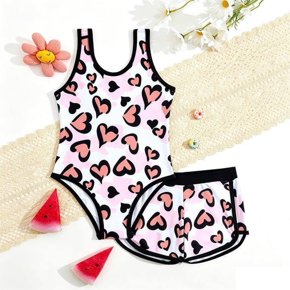 MEZZALL Children Girls Swimwear Two Piece Toddler Big Kids Swimsuit With Shorts Cute Summer Heart Print Beach Bathing Lovely Bathing Suit Beachwear