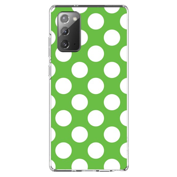 DistinctInk Clear Shockproof Hybrid Case for Samsung Galaxy Note 20 (6.7" Screen) - TPU Bumper, Acrylic Back, Tempered Glass Screen Protector - White & Green Polka Dots