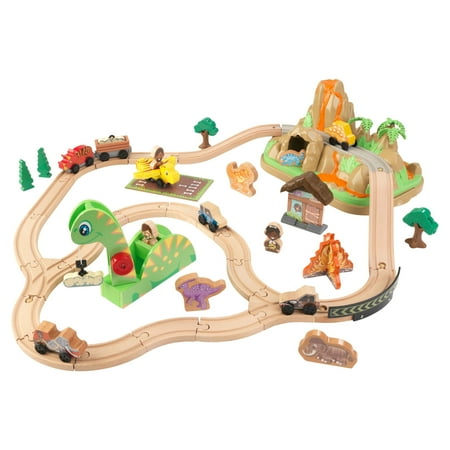 KidKraft Dinosaur Bucket Top Portable Wooden Train Set with 56 Pieces