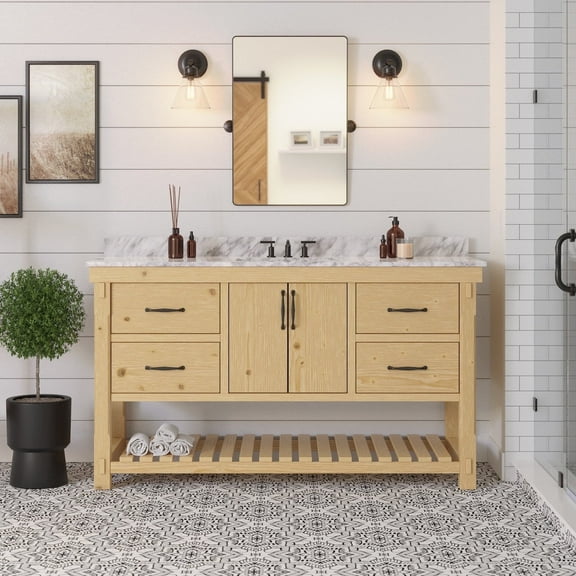 Birmingham 60" Single Bathroom Vanity with Driftwood Cabinet and Carrara Marble Top