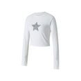 thumbnail image 2 of Qiylii Women Casual Pullover T shirt, White Star Rhinestone Pattern Crew Neck Long Sleeve Cropped Tops, S/M/L, 2 of 9