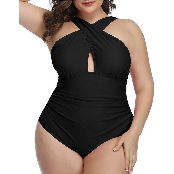 Womens Front Cross Plus Size One Piece Swimsuits Tummy Control Keyhole  Bathing Suits Swimwear 