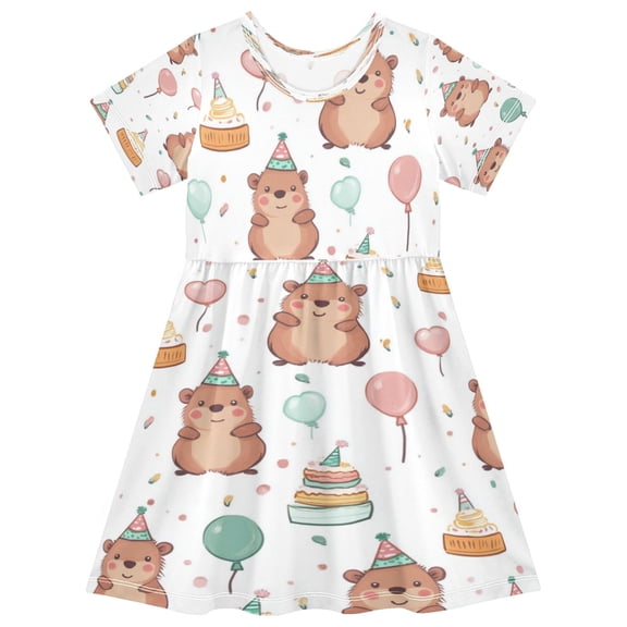 Girls Short Sleeve A-Line Dress Capybara Wearing Party Hat Play Dress Sizes 2T