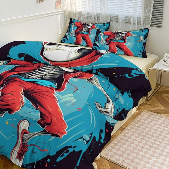 3PCS Dancing Cute Skull Man Duvet Cover Set Twin, 1 Duvet Cover And 2 Pillowcase, Duvet Cover for Kids Girls Boys And Teens