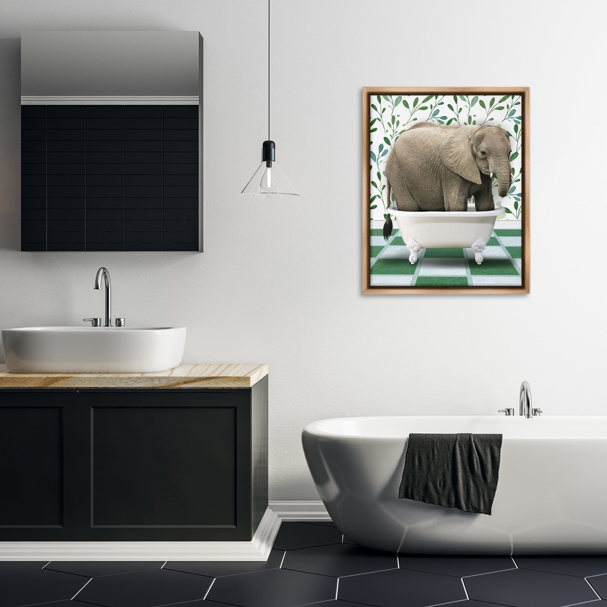Stupell Industries Bathing Elephant on Green Bath & Laundry Painting Brown Floater Framed Canvas Art Print Wall Art, 25 x 31