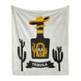 thumbnail image 1 of Tequila Soft Flannel Fleece Throw Blanket, Sugar Skull on Bottle with Sombrero Hat Cactus Silhouettes, Cozy Plush for Indoor and Outdoor Use, 60" x 80", Grey Yellow, by Ambesonne, 1 of 6