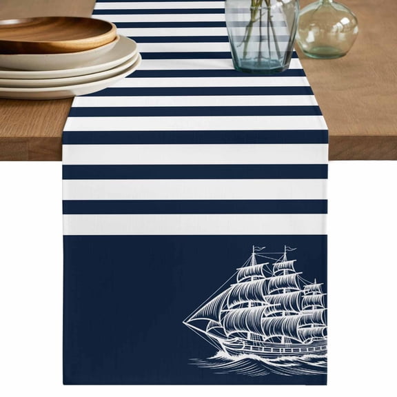 Navy Blue Table Runner 70 Inches, Nautical Coastal Sea Abstract Art Bed Runner Dresser Scarves Tabletop for Indoor Outdoor Parties/Ceremony/Banquet, 13" x 70"