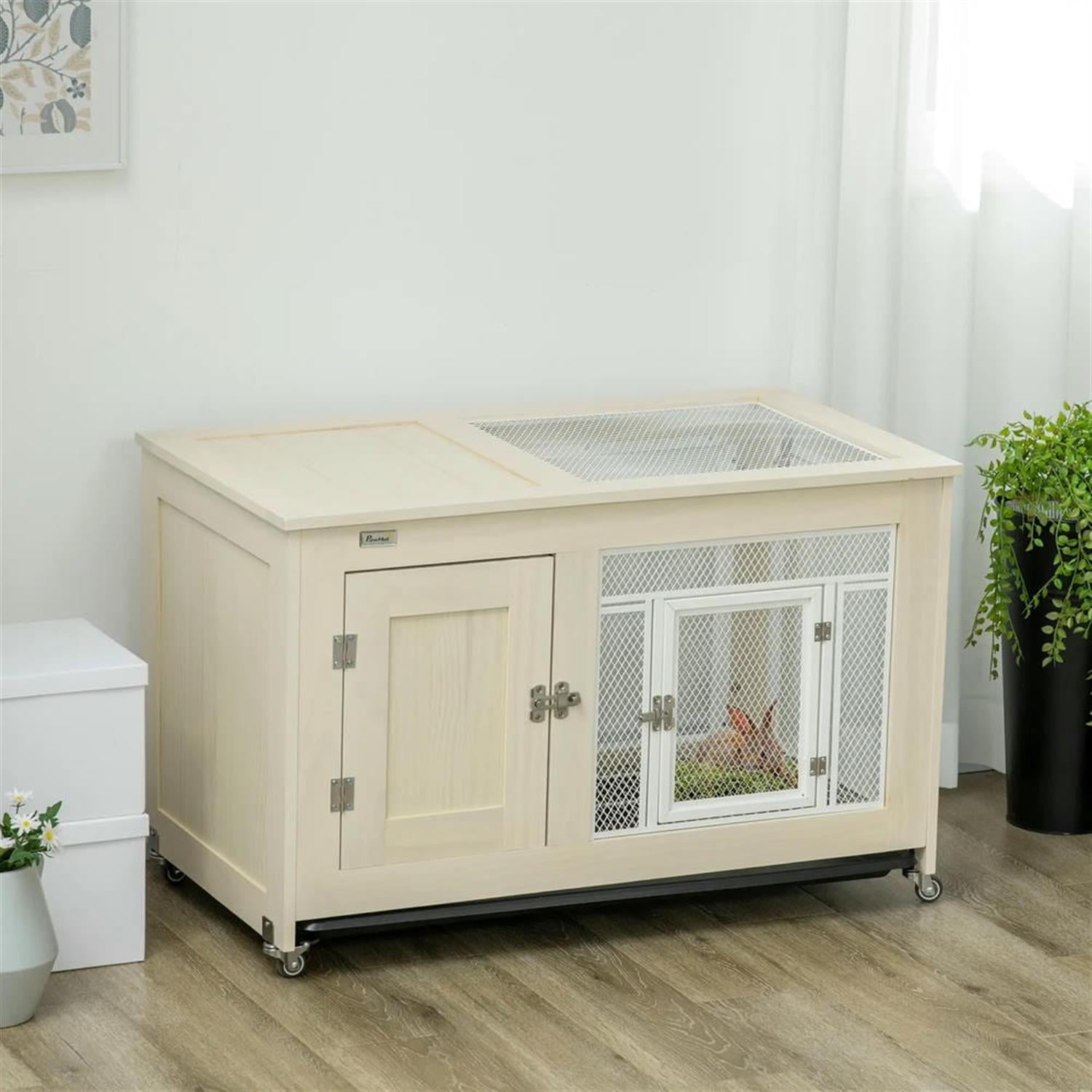 Kadyn 37" Indoor Wooden Rabbit Hutch with Openable Roof, Removable Tray and Wheels, Outdoor Bunny Cage for Bunnies, Guinea Pigs, Beige