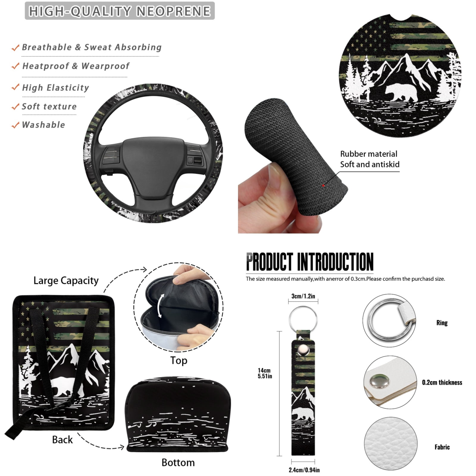 Jeiento American Military Flag Car Seat Covers Set of 13 Pack, Auto Steering Wheel Cover Seatbelt Pads Trash Can Rear View Mirror Protector Mountain Coasters Keychain Lip Balm Holder Car Accessory