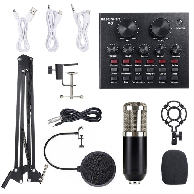 Kit de Micrófono BM-800 y Tarjeta de Sonido V8 para Transmisiones en Vivo, Diseño Elegante en Plata y Negro, Ideal para Grabaciones Profesionales, Con 12 Efectos de Sonido y Control de Volumen