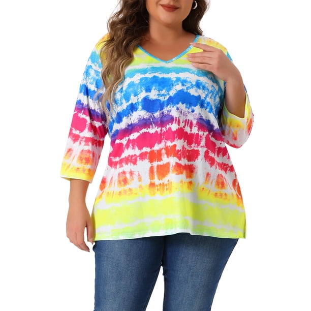 Tops de mujer plus size Agnes Orinda con rayas de teñido anudado, cuello en V, mangas 3/4, blusas casuales 3X arcoíris
