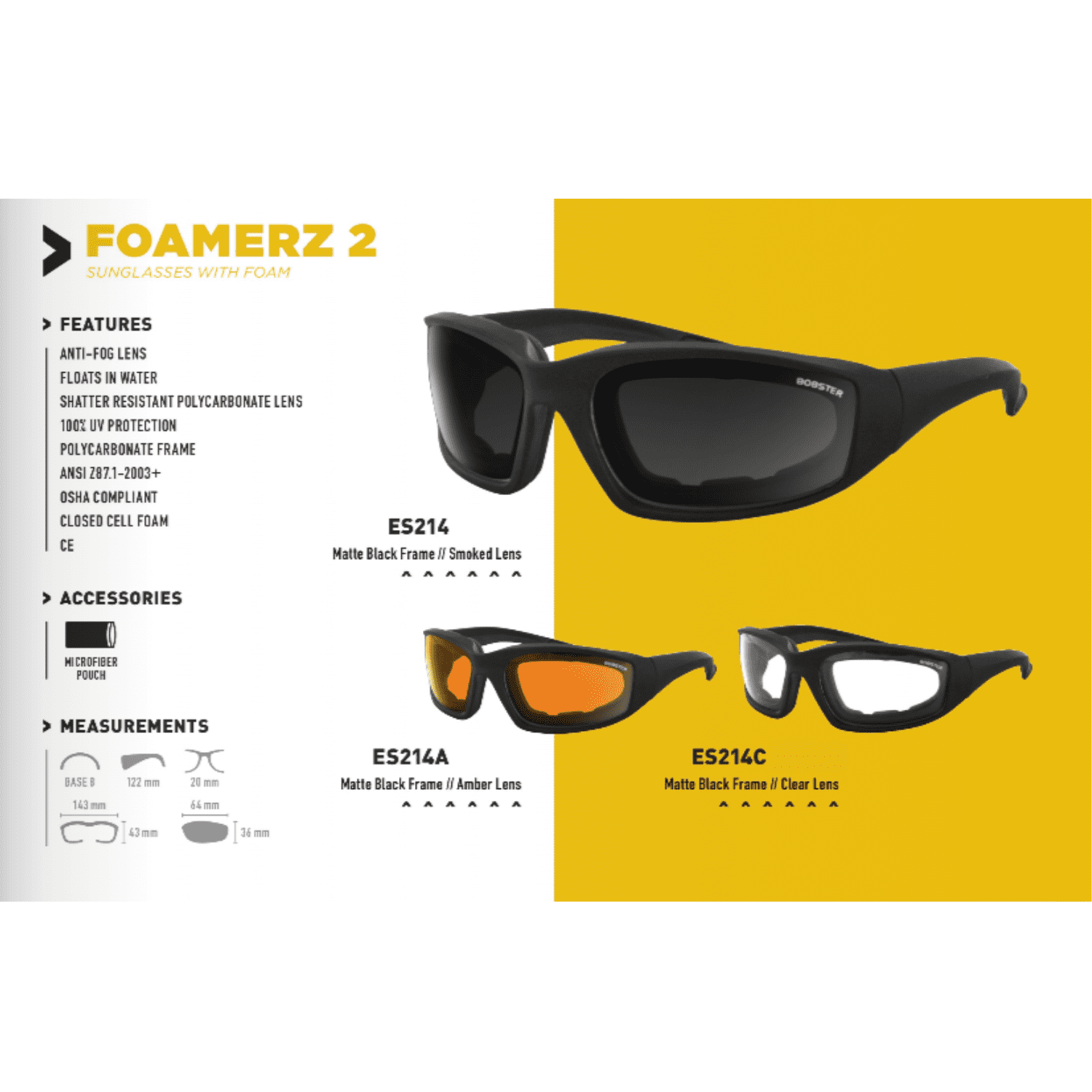Bobster Foamerz 2 Sunglasses, Clear Anti-fog Lenses, Black Frame