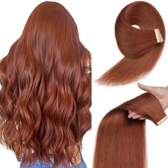 Extensiones de pelo con cinta adhesiva YDDM Auburn 35 cm, 20 unidades, 100% Remy