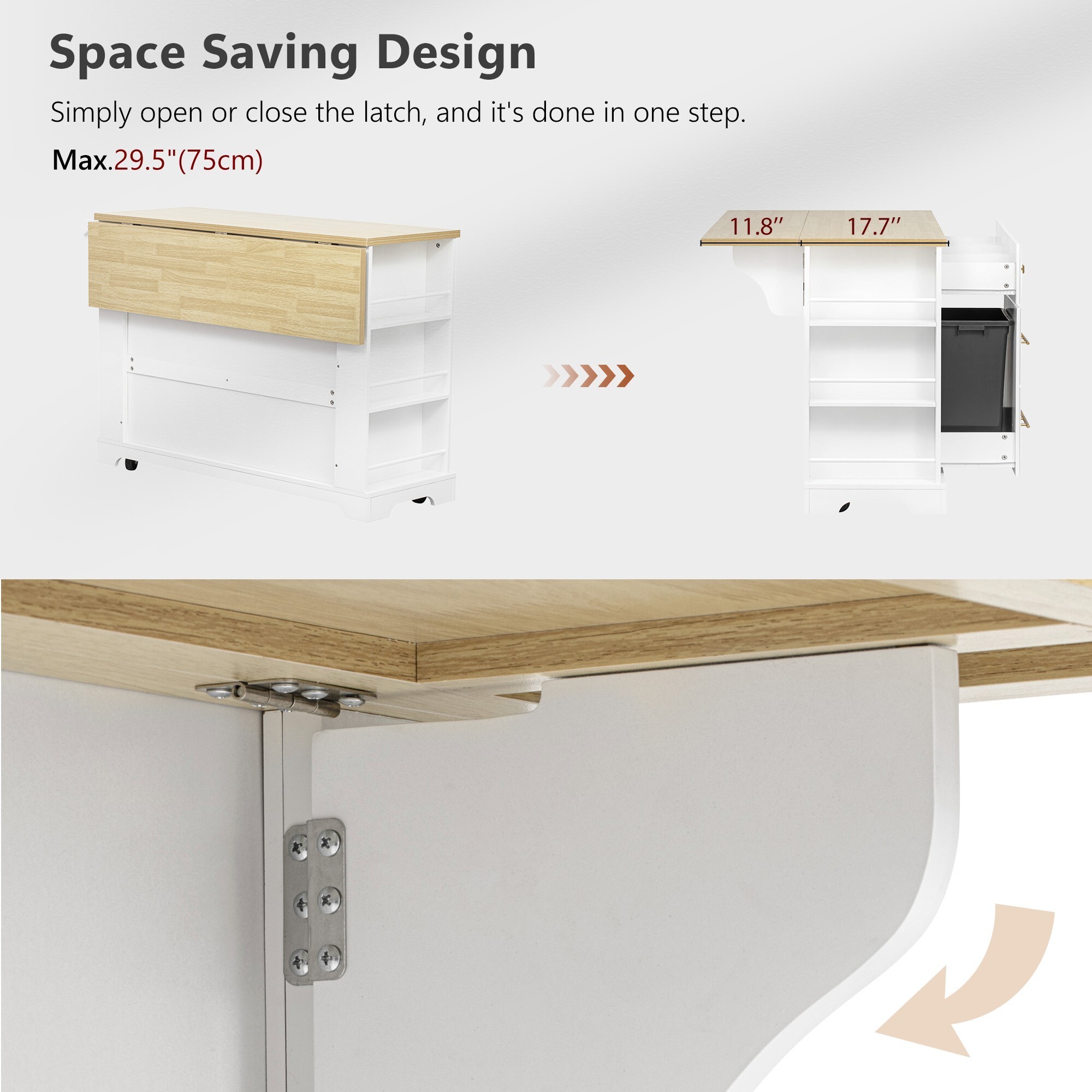 AENKYO 51.2'' Kitchen Island Cart with Charging Station, Drop Leaf, Hidden Trash Cabinet, 6 Drawers & Removable Wheels, White