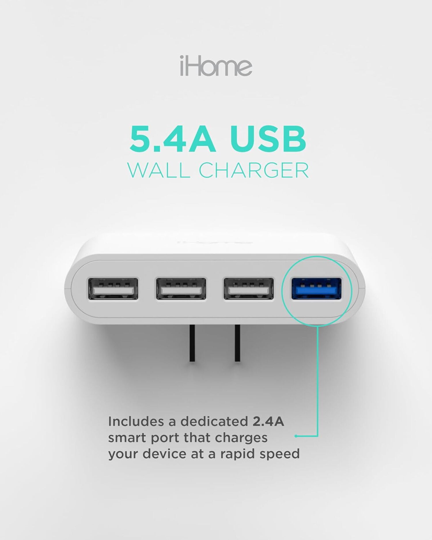 iHome Slim 4-Port USB Wall Charger, AC Pro Multiport Plug Adapter, Phone Charging Block with 4 Ports, Flat USB Wall Adapter for Home  Travel