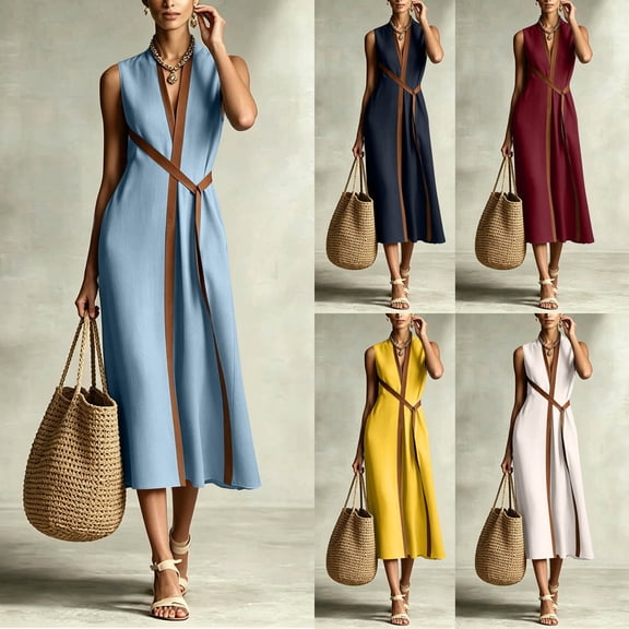 Women's V Neck Sleeveless Self Belt Midi Dress, Fake Two Tone Layered Loose Casual Dress with Side Pockets Blue XL(XL)
