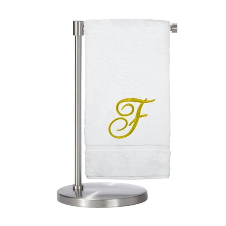 Monogrammed Bath Towel Personalized Gift 27 x 54 inches - Set of 2 - Gold Script Embroidered Towel - 100% Turkish Cotton- Soft Terry Finish - for Bathroom or Spa - Script F White