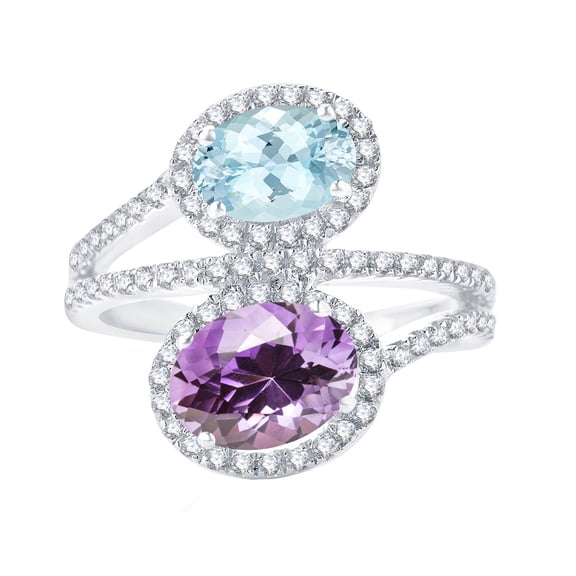Sterling Silver with Natural Aquamarine, Amethyst and White Topaz Bypass Ring