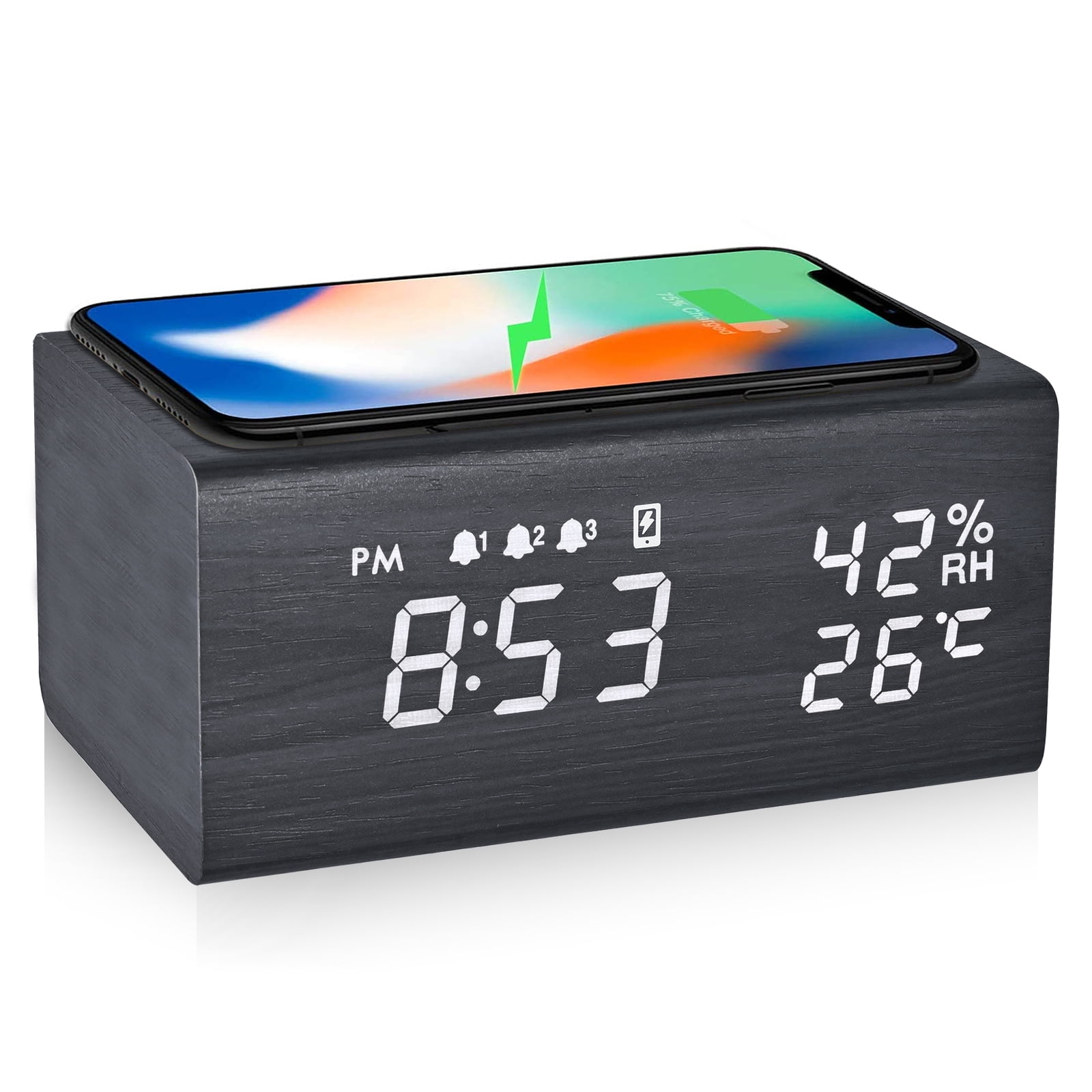 ELECTIME Wooden Digital Alarm Clock with Wireless Charging, Temperature, Humidity, 3 Alarms