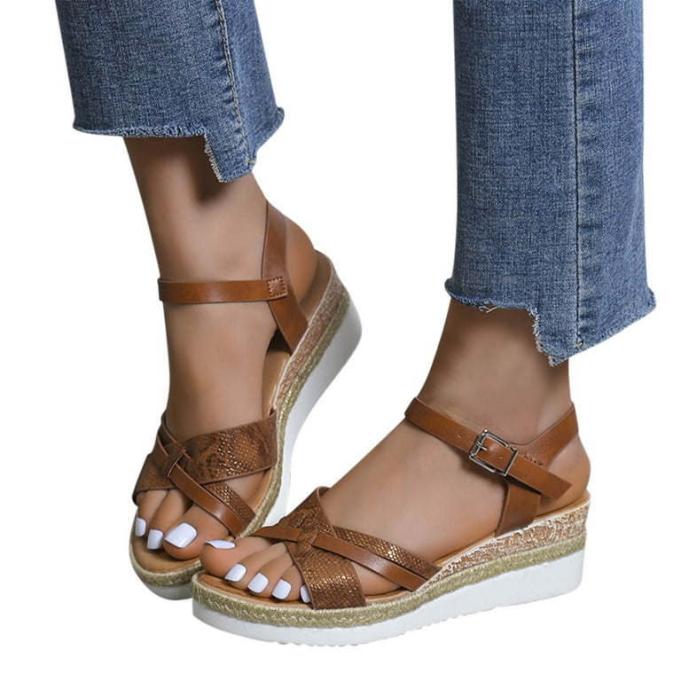 Casual Tan Wedge Sandals - All Shoes