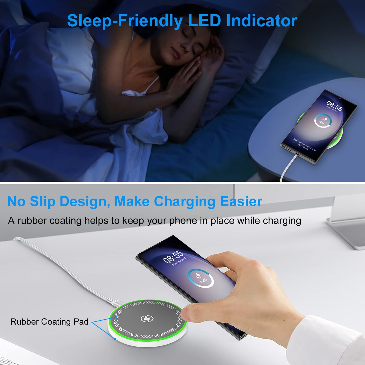 ABCPOW 15W Wireless Charger Android Fast Charging Pad w/ 1pc Android USB Charger Block and 1pc Type C Charger Cable,Wireless Charger Mat Charging Station Compatible for iPhone Samsung