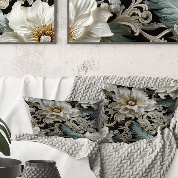 Designart "Exotic Floral Pattern In Grey And White I" Floral Printed Throw Pillow