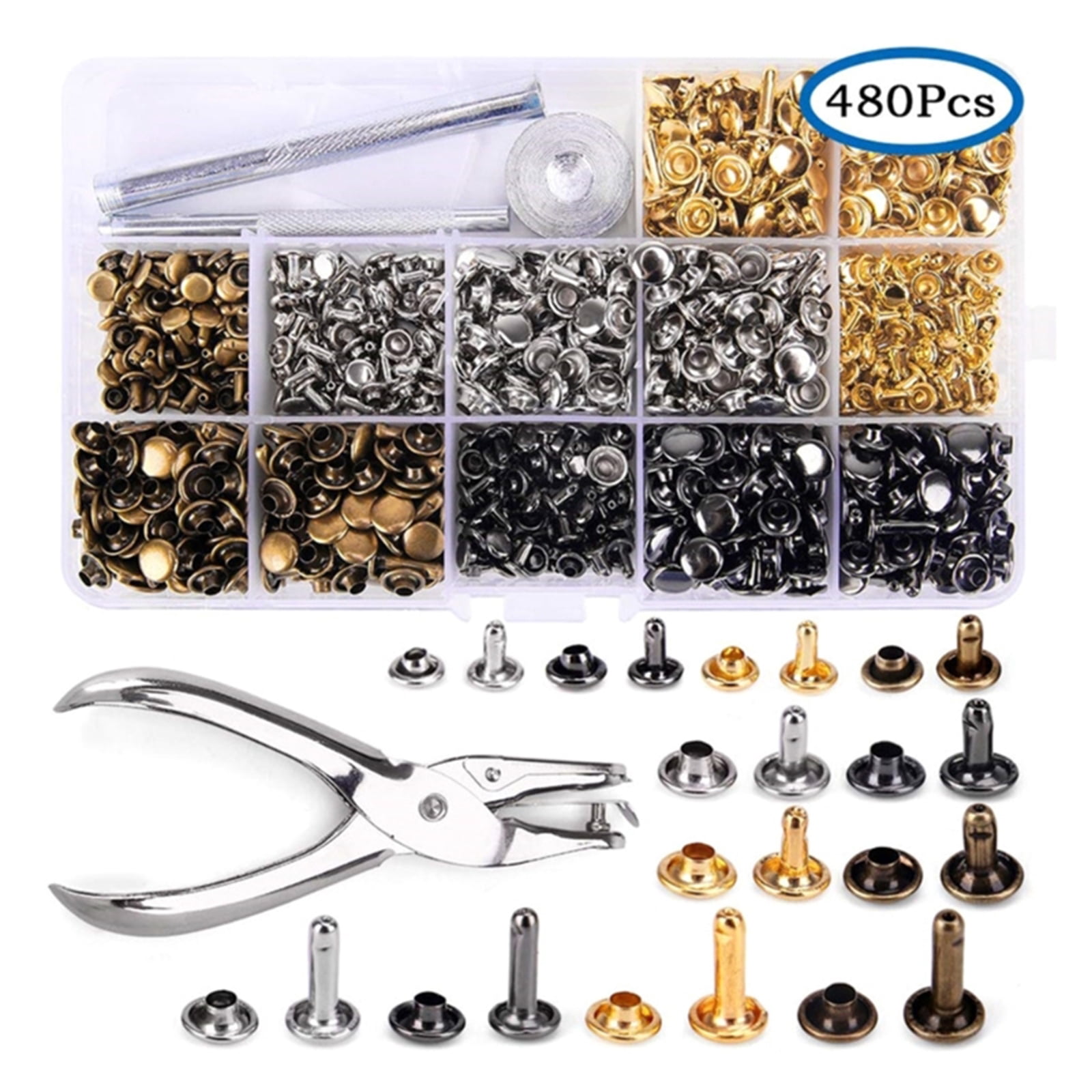 480 Sets 4 Color Leather Rivets, Double Caps Metal Rivets with Punching Pliers and 3Pcs Install Tool for Leather Craft
