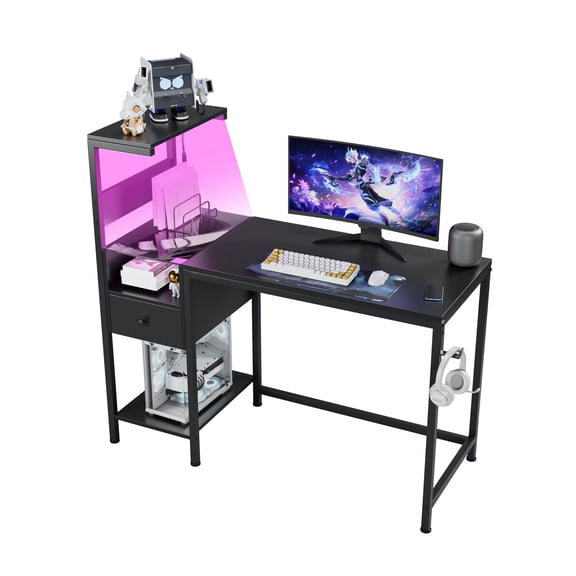 Home Office Desks, Computer Desk with Power Outlet & Storage Shelves, Study Writing Table with USB Ports Charging Station, PC Desk Workstation for Home Office, Black, Black Office Desks