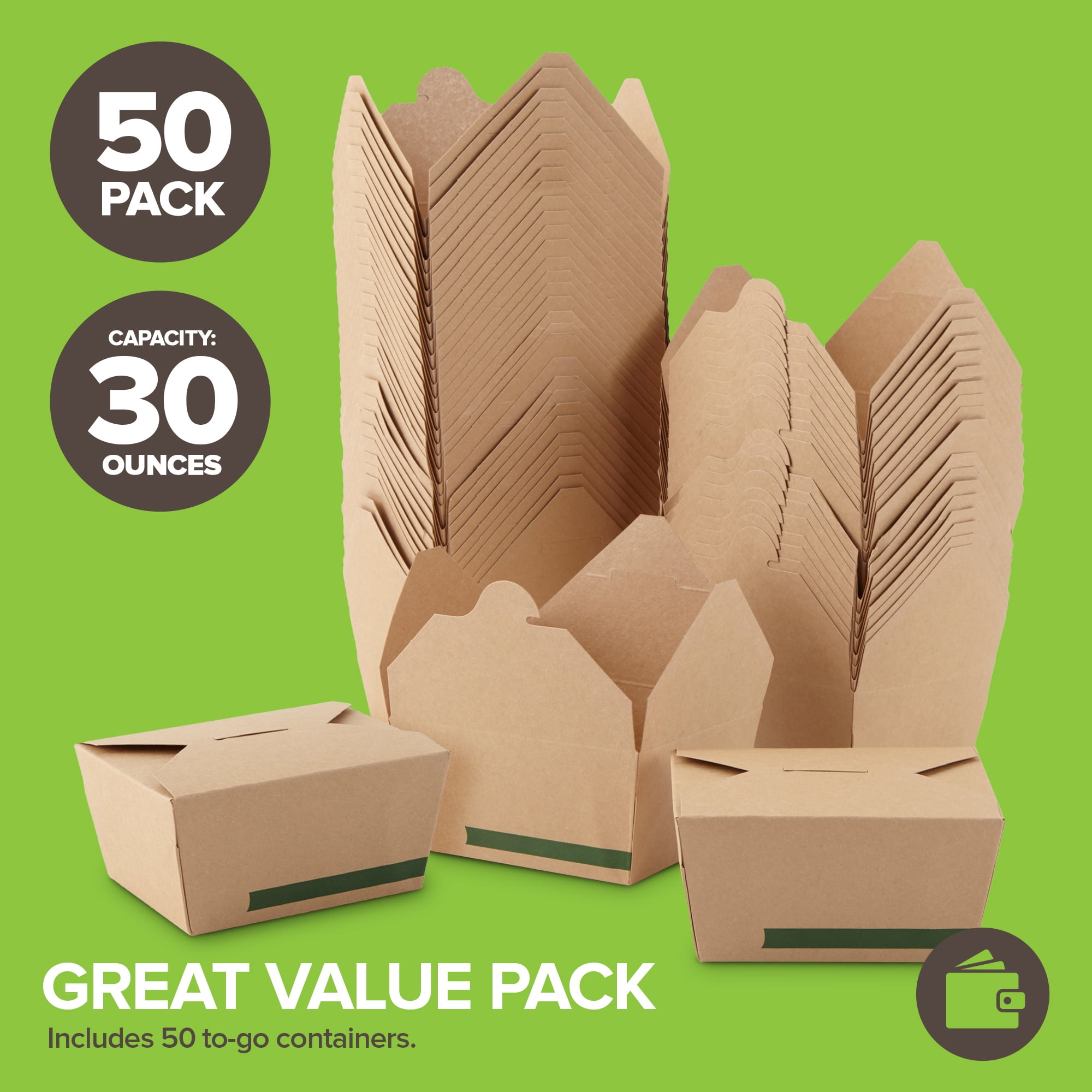 Set of 50 30 oz Food Take Out Containers Disposable Small Microwaveable Paper To Go Boxes Grease Resistant Kraft Cardboard Lunch Box Takeout