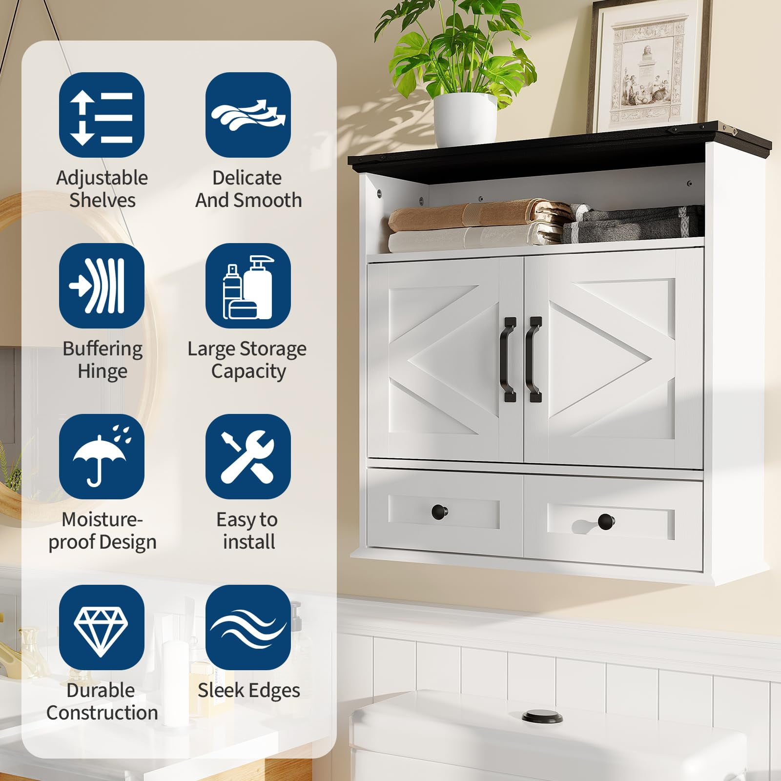 25" Wide Wall-Mounted Bathroom Cabinet with Barn Doors, Over-Toilet Storage with Adjustable Shelf & Drawer, Hanging Cabinet for Bathroom, Kitchen, Laundry, or Entryway