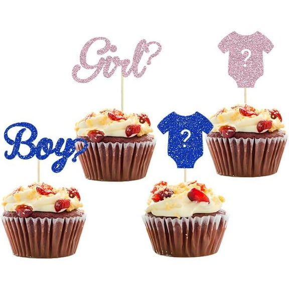 12pcs Pink Blue Glitter Boy or Girl Cupcake Toppers Clothes Question Mark Cake Topper Decorations for Gender Reveal Theme Baby Shower Kids Birthday Party Decoration