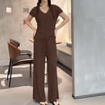 thumbnail image 4 of FengMoreActive Women's 2PC Pajamas Set V-Neck Tshirt And Wide Leg Pants Loose Sleepwear Suits Solid Color Casual Pajamas Sets, 4 of 5