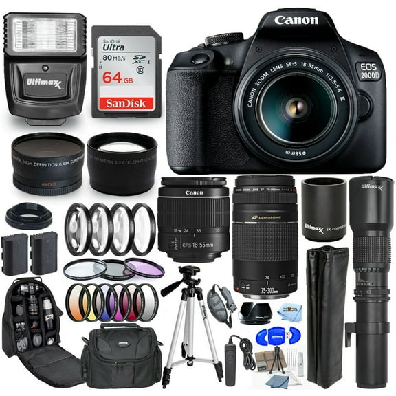 Canon EOS 2000D / Rebel T7 18-55mm   75-300mm   500mm - 30 Piece Accessory Bundle Includes: Extra Battery, Sandisk Ultra 32GB SD, Flash, Filter Kits, Telephoto and Wide Angle Lenses, Backpack and More