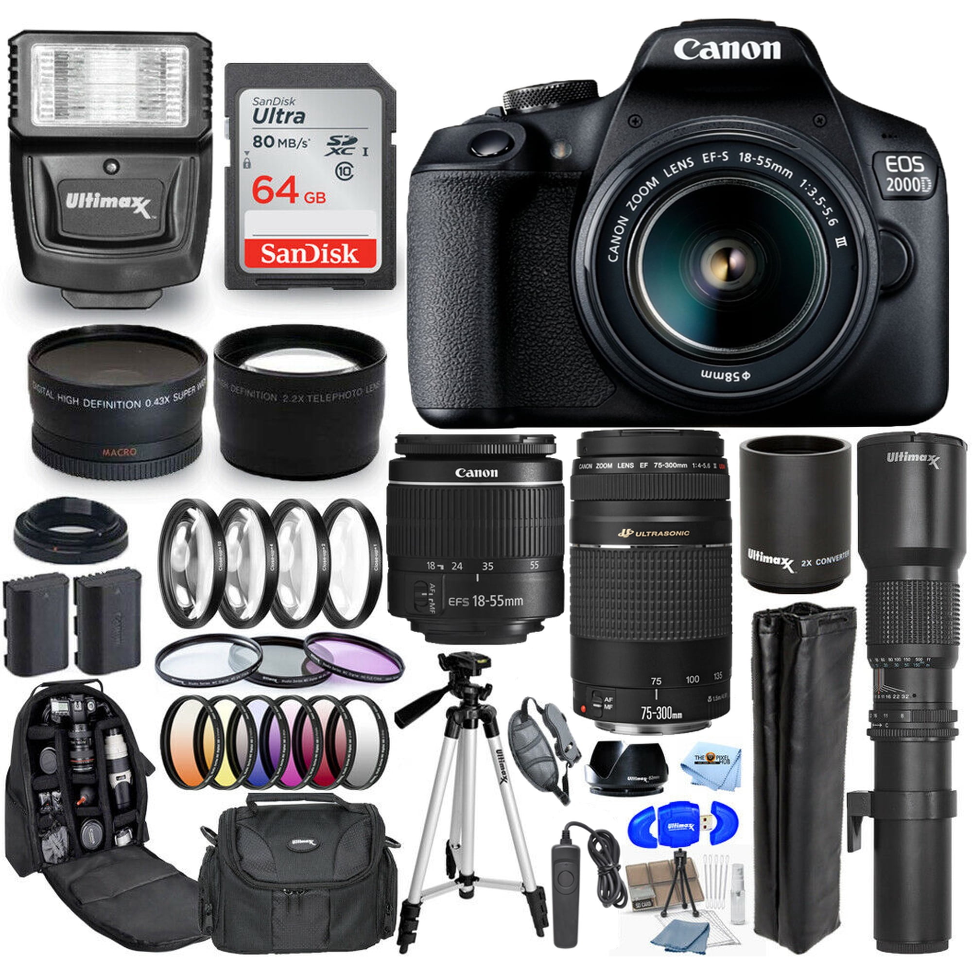 Canon EOS 2000D / Rebel T7 18-55mm + 75-300mm + 500mm - 30 Piece Accessory Bundle Includes: Extra Battery Sandisk Ultra 32GB SD Flash Filter Kits Telephoto and Wide Angle Lenses Backpack and More