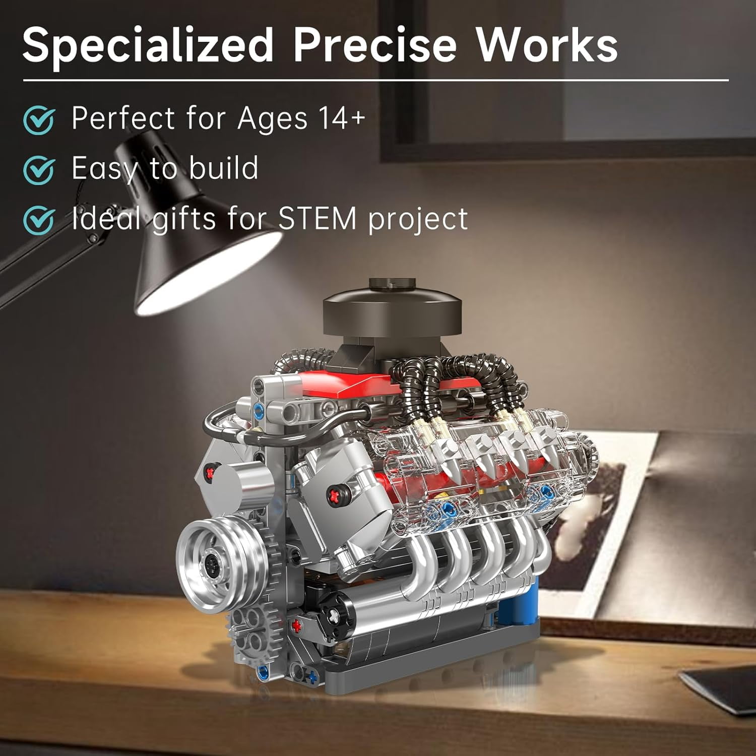 10171 V8 Engine Building Blocks Sets, V8 Engine Model kit That Run, Build Your Own STEM Model Engine, 8-Cylinder Car Engine Building Engineering Toys