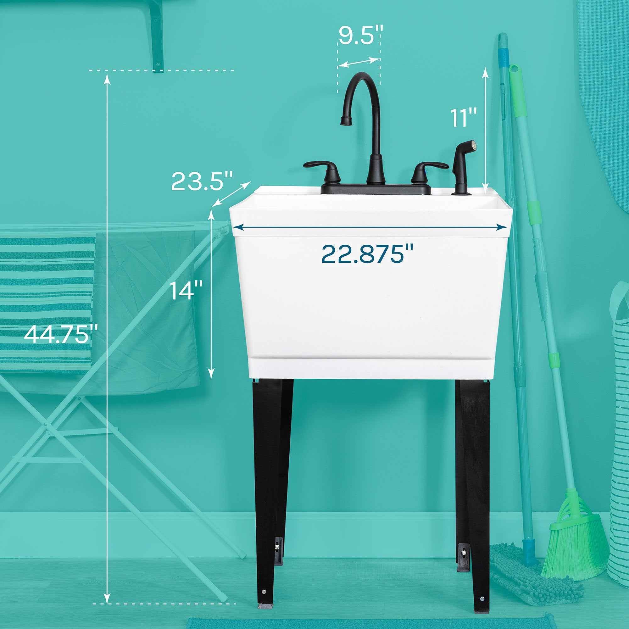 TEHILA White Freestanding Floor Mount Utility Sink Black Faucet for Laundry Room, Basement, Garage