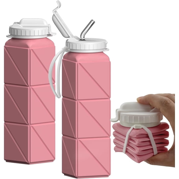 Yunmu Furniture Collapsible Water Bottles with Straw 21 oz, Travel Water Bottle | BPA Free, Leakproof & Reusable, Silicone Foldable Water Bottle, 1-Pack, Pink